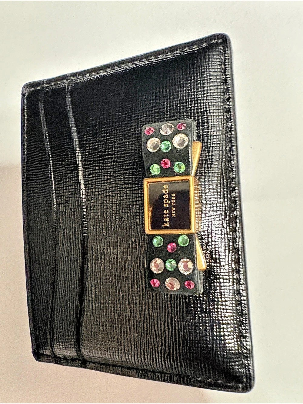kate spade Morgan Bow Embellished Saffiano Leather Card Holder Black
